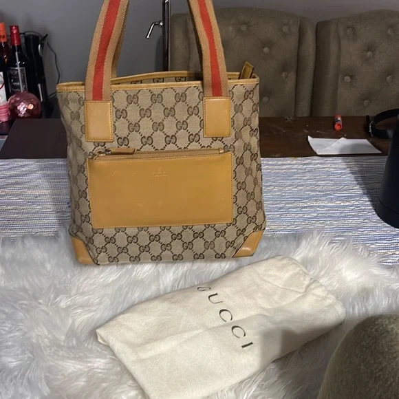 GUCCI GG Canvas Sherry Line Tote Bag Beige Red GUC - Picture 14 of 15